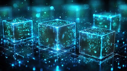 Abstract digital cubes, glowing turquoise, layered technology