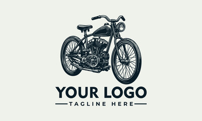Detailed engraving-style illustration of a classic motorcycle, with space for a logo and tagline below.