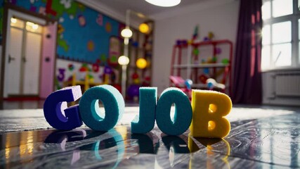 Go Job bold letters stand on classroom floor spreading positivity encouragement achievement support learning motivation inspiration school