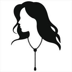 ( Lariat Necklace) Vector silhouette of a woman with a long necklace./A simple, elegant profile view of a woman with long flowing hair and a delicate beaded necklace.