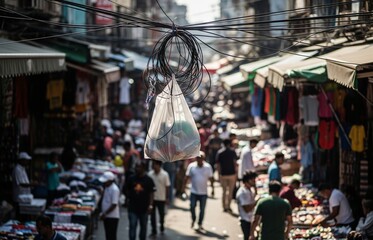 An eerie scene of a plastic bag swirling through the urban atmosphere, marking the relevance of International Plastic Bag Free Day.