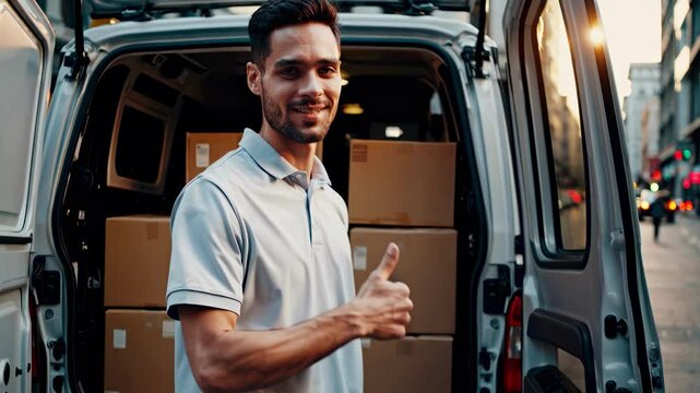 Courier in white shirt handles boxes at van on city street presenting service logistics reliability support convenience diligence trustful connection transaction
