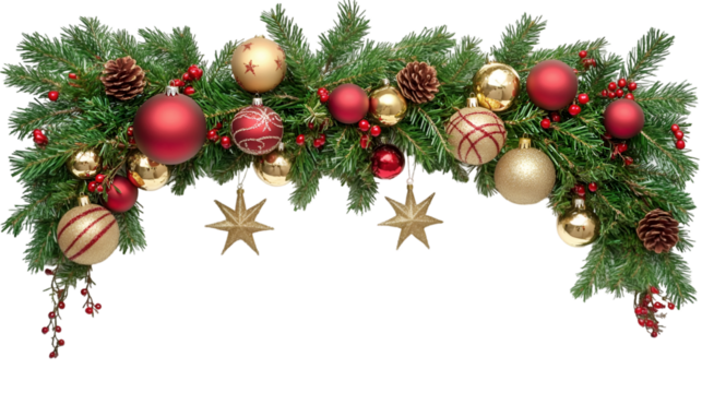 Festive Christmas garland red gold ornaments pine branches stars