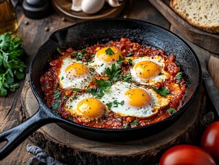 Delicious shakshuka recipe in rustic cast iron skillet cozy kitchen food photography vibrant colors culinary delight
