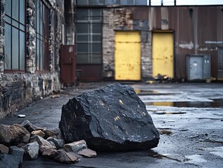Industrial coal ore extraction urban warehouse photography gritty environment low angle rugged carbonized rocks