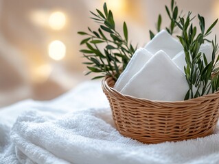 Cotton reusable face wipes in a woven basket home spa product photography cozy setting top view eco-friendly concept