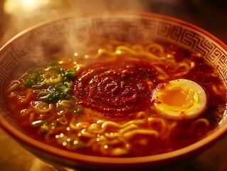 Sizzling spicy ramen bowl with red chili restaurant kitchen food photography cozy atmosphere close-up shot culinary delight