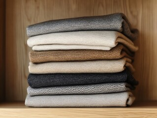 Neatly folded neutral-colored sweatpants displayed in a minimalist closet lifestyle photography cozy environment top view