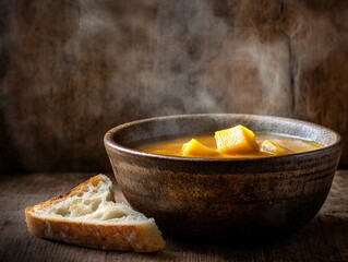 Warm butternut squash soup with crusty bread rustic kitchen food photography cozy atmosphere close-up view