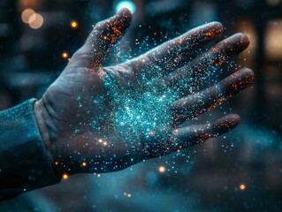 Enigmatic human hand manipulating cosmic particles digital realm superrealistic closeup night environment artistic viewpoint