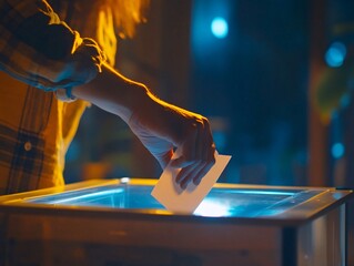 Voting action hand dropping ballot into box urban environment nighttime viewpoint civic engagement