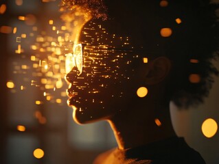 Ethereal silhouette of a person with sparkling lights studio close-up dreamlike side view creative concept