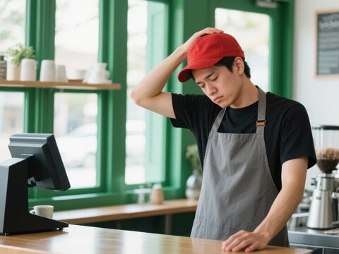 A worker in a red cap and apron appears tired or stressed at a coffee shop counter.
