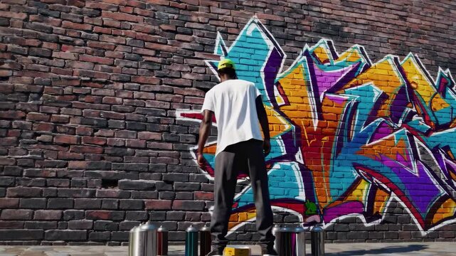 Street artist passionately designs vibrant graffiti mural on city wall invoking creativity and expressing unique colorful street art identity