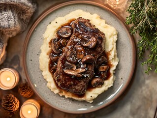 Delectable steak dinner cozy home setting food photography top-down view gourmet experience