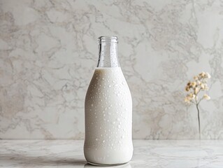Refreshing milk bottle with condensation kitchen counter still life bright environment close-up beverage concept