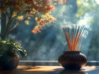Traditional japanese incense arrangement serene garden photography natural light close-up zen concept