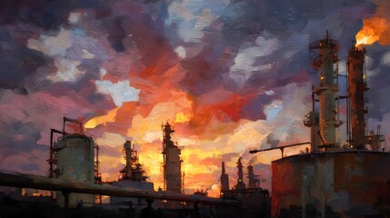 Dramatic industrial refinery skyline at sunset