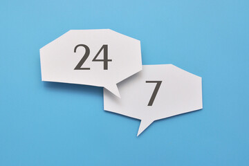 Inscription: 24/7, the concept of 24/7 assistance, services, and actions
