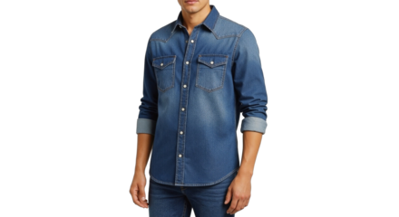 Man wearing denim shirt with button placket in isolated style
