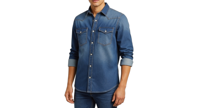 Man wearing denim shirt with button placket in isolated style  