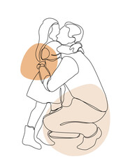 Continuous One Line Art Drawing. Happy young father with little daughter. Daddy and daughter in continuous line art. Vector Illustration