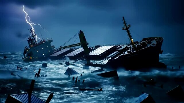 Wrecked cargo ship being battered by violent waves during a dramatic ocean storm at night