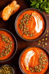 Pumpkin Soup with Cream and Seeds. Top View