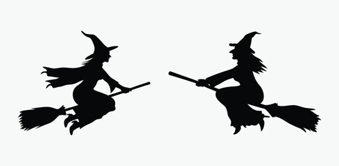 Flying witch silhouette, broomstick vector icon, vector witch flying on a broomstick on white background