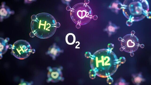 Animated chemical representations of hydrogen and oxygen molecules with atom symbols