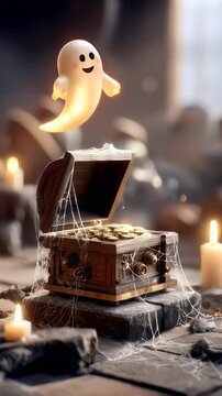 Ghost flying over a treasure chest with cobwebs