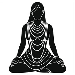 (layered Necklaces)Vector Silhouette of a woman adorned with multiple pearl necklaces in a meditative pose...
