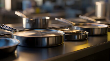 A close-up view of polished stainless steel cookware arranged on a kitchen counter in a professional kitchen