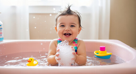 Cheerful toddler splashes water in baby bathtub, giggling with rubber duckies. Captures innocent joy of bath time play.