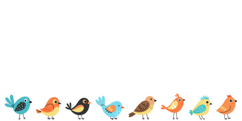 Cute colorful birds in a row on white background. Flat  style, minimal and playful design. Perfect for kids, nursery decor, greeting cards, and spring-themed projects.