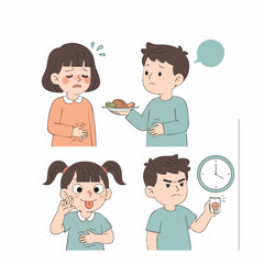 Flat Illustration Diverse Children Expressing Disgust and Appetite Towards Food