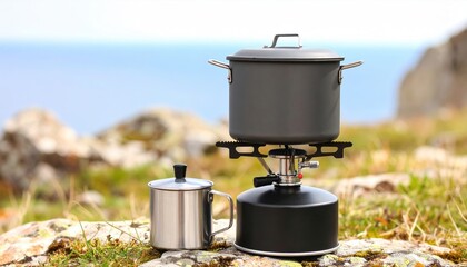 Camping stove setup with pot and kettle on rocky terrain by the sea, showcasing outdoor cooking