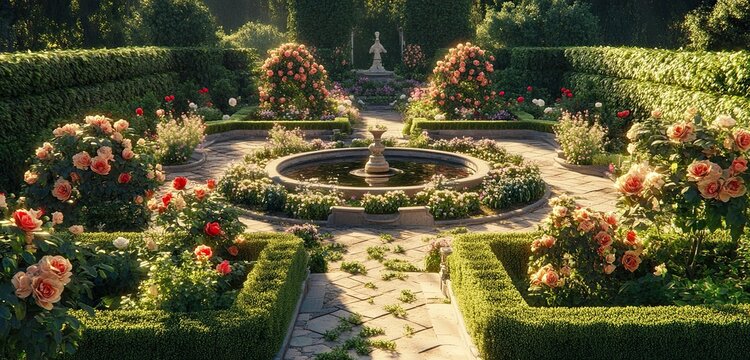 A luxurious estate garden with elegant hedges, a pond, and blooming flowers, offering a sophisticated and beautiful outdoor retreat. 