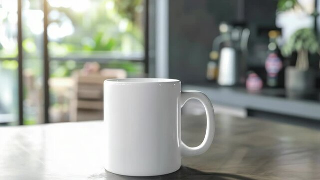A white coffee mug sits on a wooden table in a kitchen. The mug is empty and has a clean, minimalist design. The kitchen is well-lit, with a window providing natural light