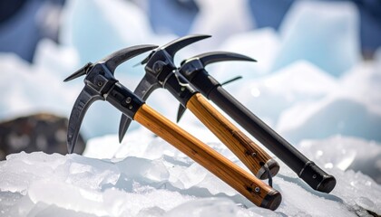Three ice axes resting on a bed of ice with a mountainous backdrop, showcasing outdoor gear for climbing