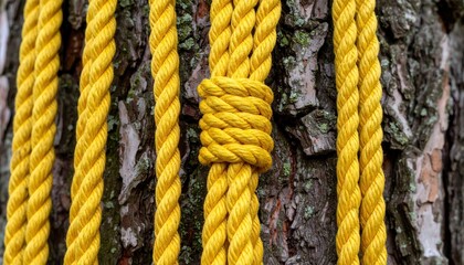 Close-up of intertwined yellow ropes against a textured tree bark background