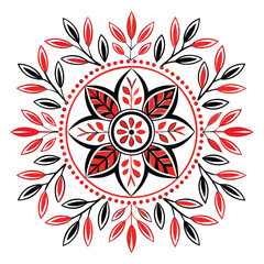 Red and black floral mandala pattern with petals and leaves, abstract decorative artwork for design projects