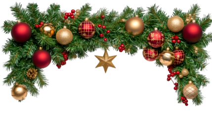 Festive Christmas garland with red and gold ornaments pine branches and a star