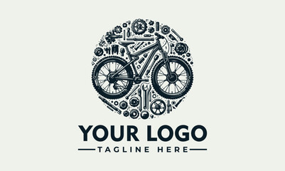 Bicycle surrounded by tools and parts arranged in a circular design, presented as a logo concept. © nuaari