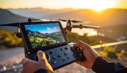 Person operating a drone controller at sunset, overlooking a scenic mountainous landscape