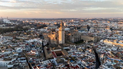 Aerial View of Historic City and Cathedral at Sunset