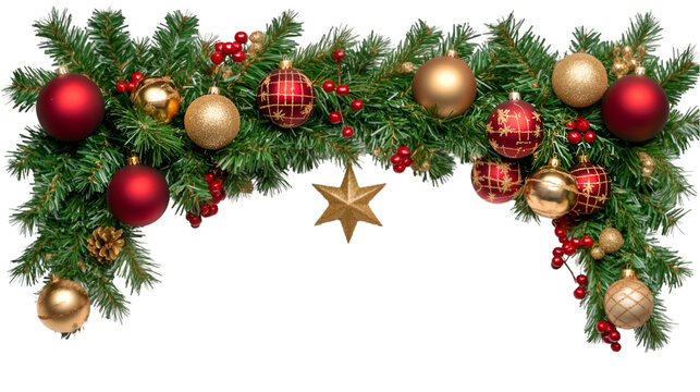 Festive Christmas garland with red and gold ornaments pine branches and a star