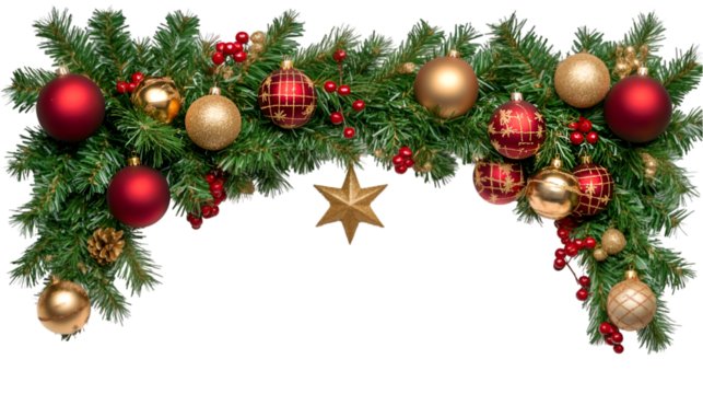 Festive Christmas garland with red and gold ornaments pine branches and a star