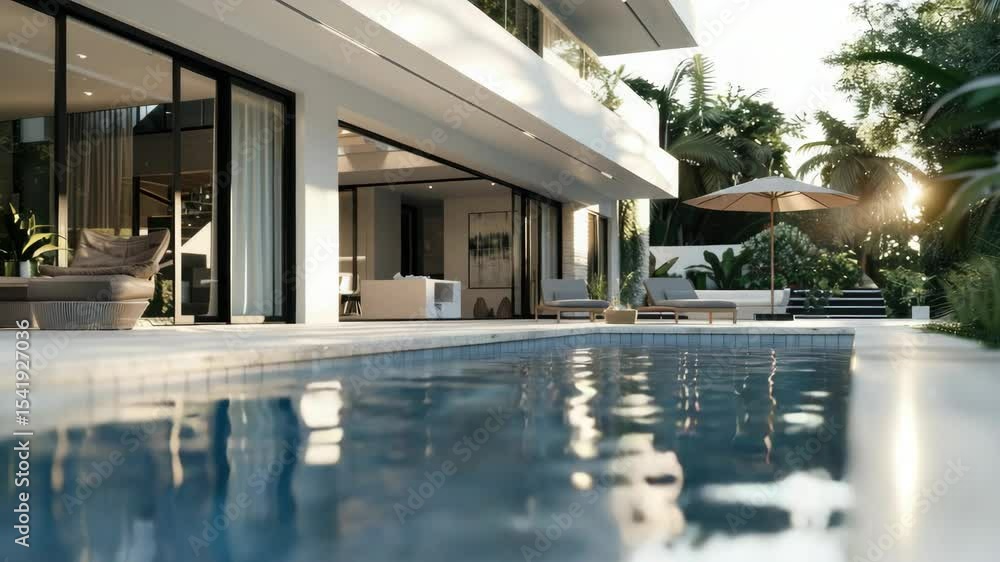 Poster a large pool with a white house in the background. the pool is surrounded by a white fence and has a
