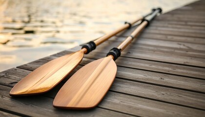 Two wooden paddles resting on a dock by a serene lake at sunset, perfect for outdoor adventures